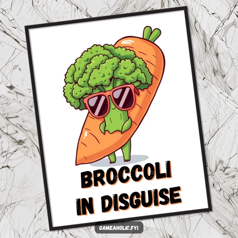 Funny digital art of a shy broccoli stalk in sunglasses, peeking from behind a carrot, celebrating understated coolness.