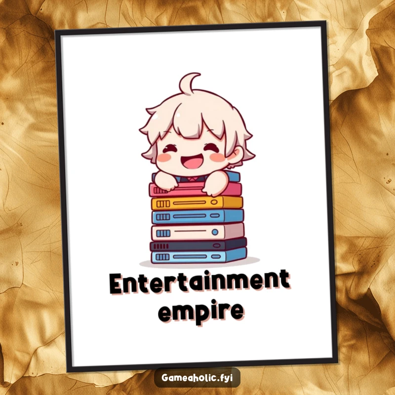 Funny digital art print of a character with a grin, balancing a large stack of video game cases, exuding collector's joy.