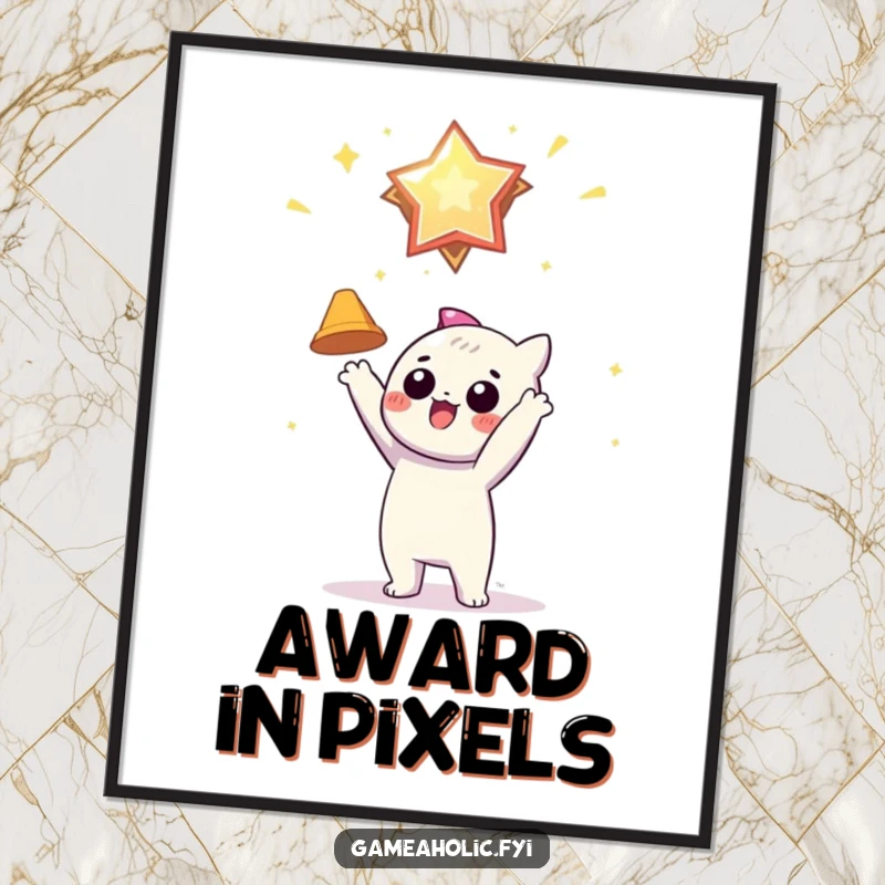 Funny digital art print of a character eagerly reaching for a shiny, floating virtual award, symbolizing ambition and success.