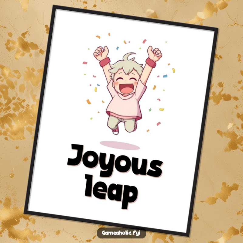 Funny digital art print of a character cheering wildly, throwing confetti, and leaping from a victory pose.