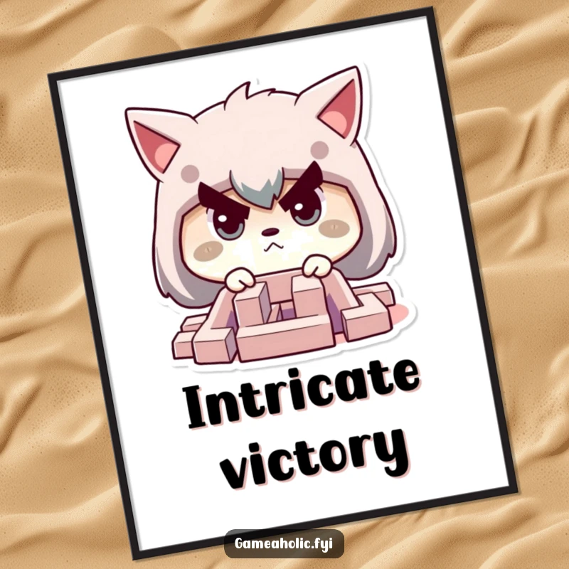 Funny digital art print of a character with a determined face, intensely focused on solving a small, challenging maze.