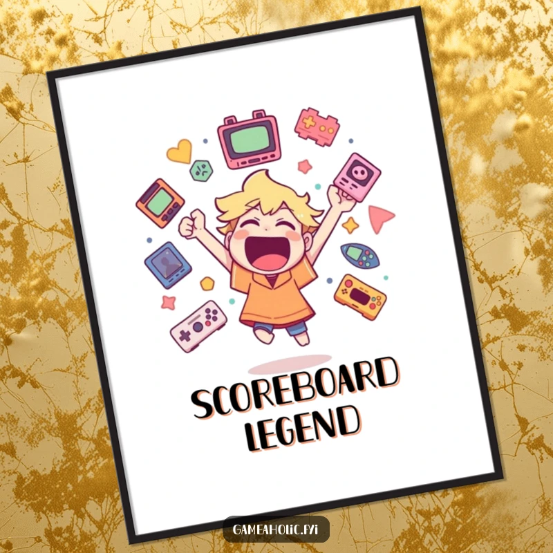 Funny digital art print of a character cheering wildly surrounded by floating game icons, capturing pure gaming elation.