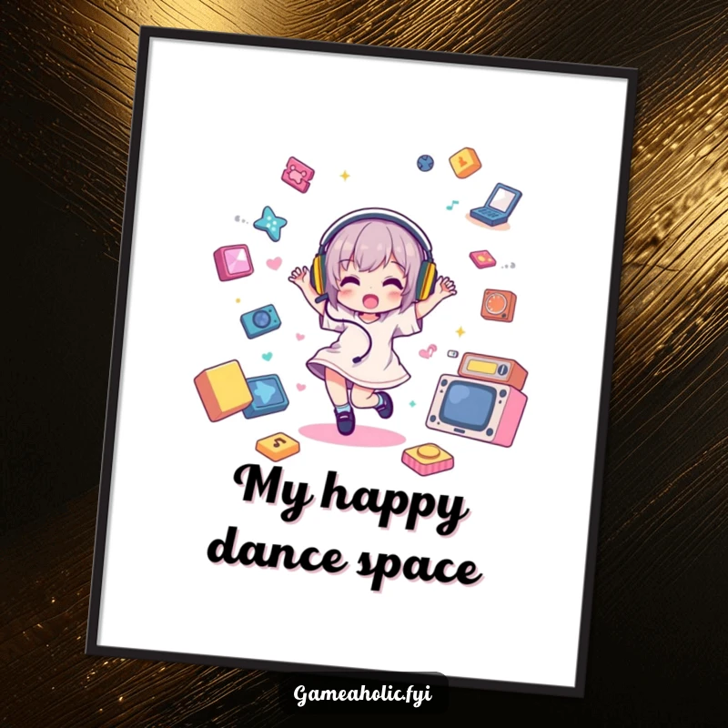 Funny Digital Art Print of a character grooving with headphones among floating game elements, offering instant funny decor.