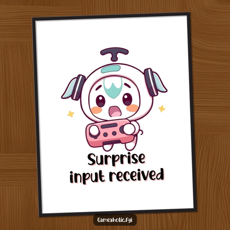 Funny digital art print of a character surprisedly catching a flying game controller, perfect for gamer decor.