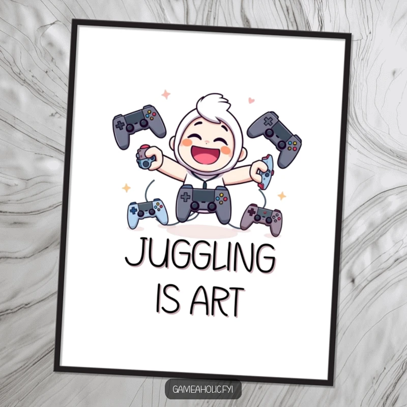 Funny digital art print of a giggling character smiling while juggling game controllers, perfect for gamer room decor.