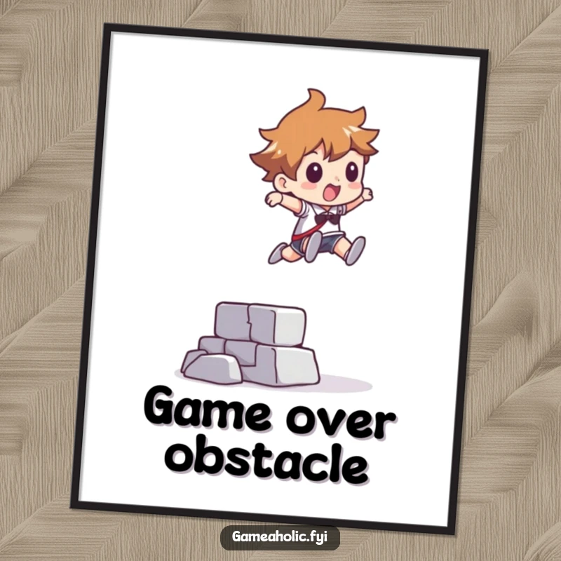 Funny digital art print of a character leaping over a pixelated obstacle, offering instant abstract and motivational wall decor.