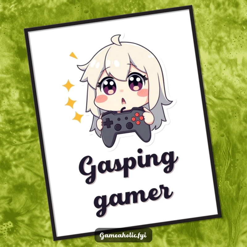 Funny digital art print of a character looking surprised with wide eyes, clutching a game controller.