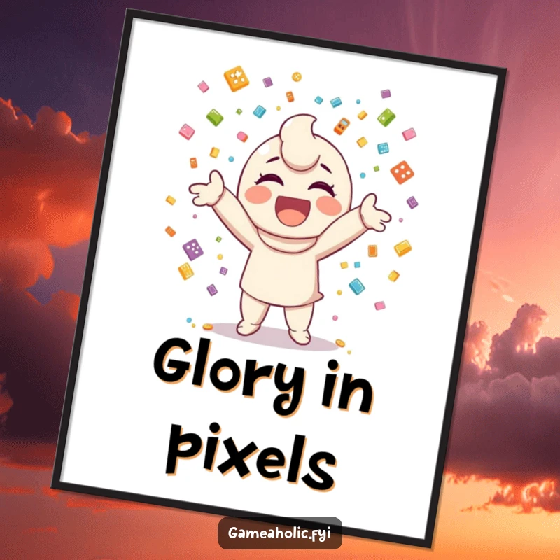 Funny digital art print of a happy character joyfully throwing confetti composed of small, colorful video game icons.