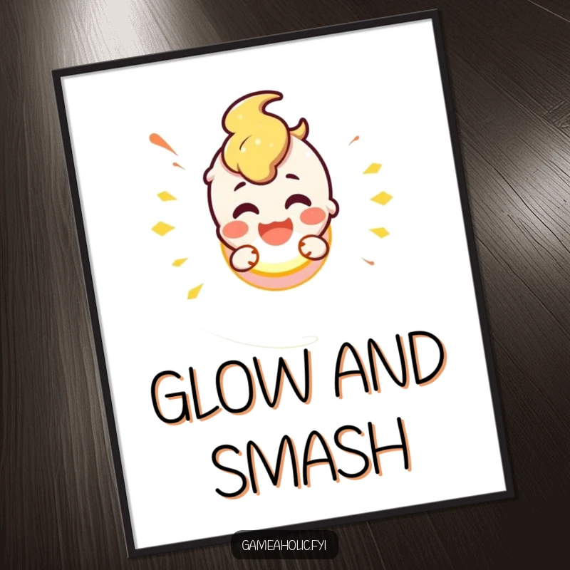 Cute character excitedly smashing a glowing button, a digital art print capturing spontaneous fun and action.