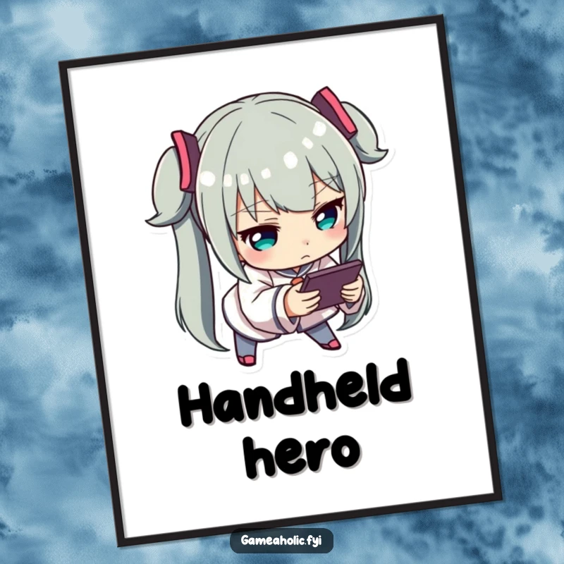 Funny Engrossed Gamer Digital Art Print: A humorous illustration of a character leaning forward intently, engrossed in a handheld game device.