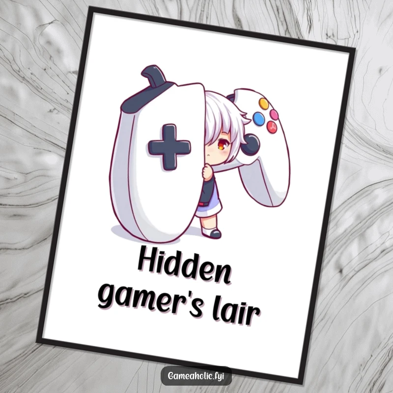 Funny digital art print of a character playfully hiding behind a giant game controller, celebrating immersive gaming experiences.