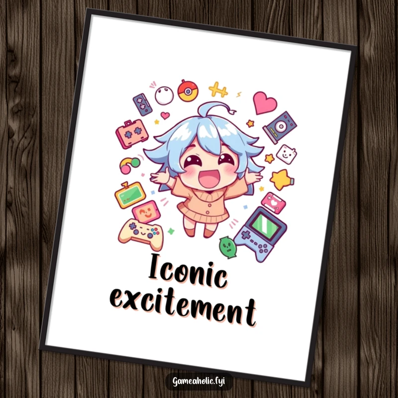 Funny digital art print of a happy character radiating excitement, surrounded by game icons, celebrating gaming joy.