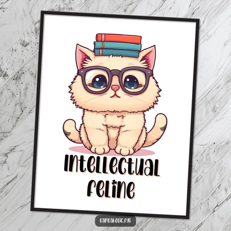 Funny digital art print of a fluffy cat in big glasses, humorously balancing a stack of books on its head, ideal for book lovers.