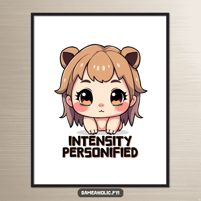 Funny digital art print of a cute character with wide, sparkling eyes, intensely focused, embodying gamer determination.