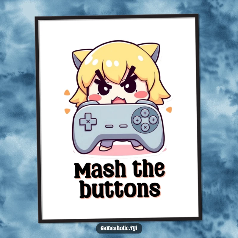 Funny digital art of a cute character with a determined expression frantically mashing buttons on a controller.