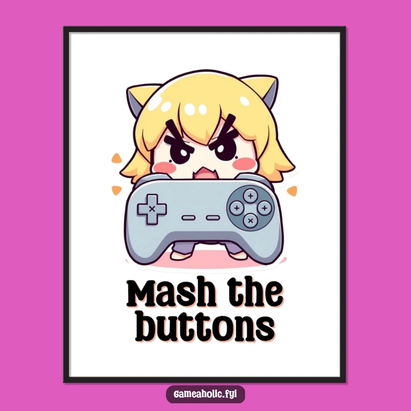 Funny Intense Gamer Digital Art: Cute Character Mashes Buttons, Instant Decor