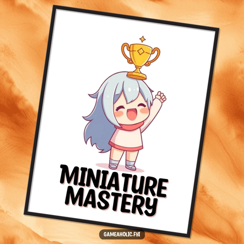 Funny digital art print of a character joyfully holding up a tiny, golden trophy, symbolizing achievement and happiness.