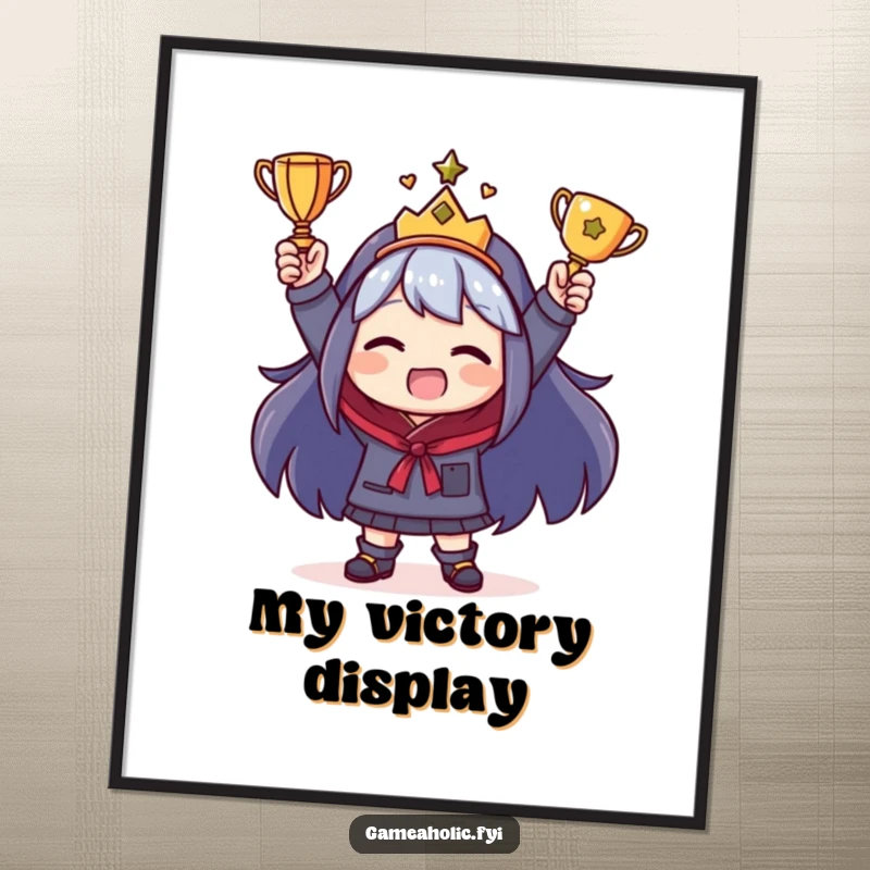 Funny Digital Art Print of a character celebrating with a tiny trophy, offering a humorous and instant decor solution.