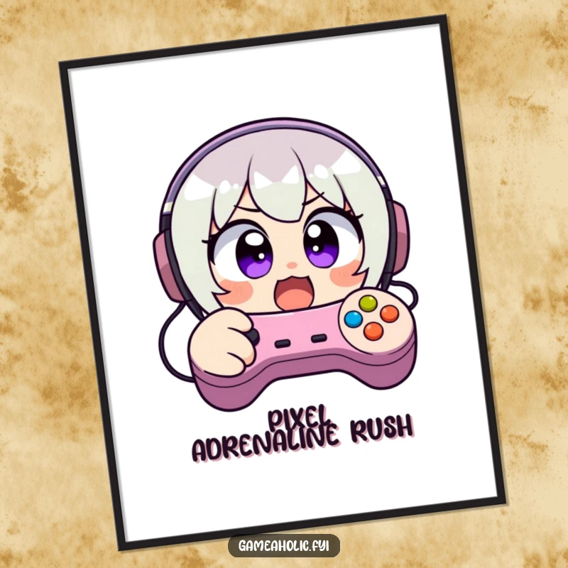 Funny digital art print of a character with wide, excited eyes, frantically mashing video game controller buttons, capturing gamer intensity visually.