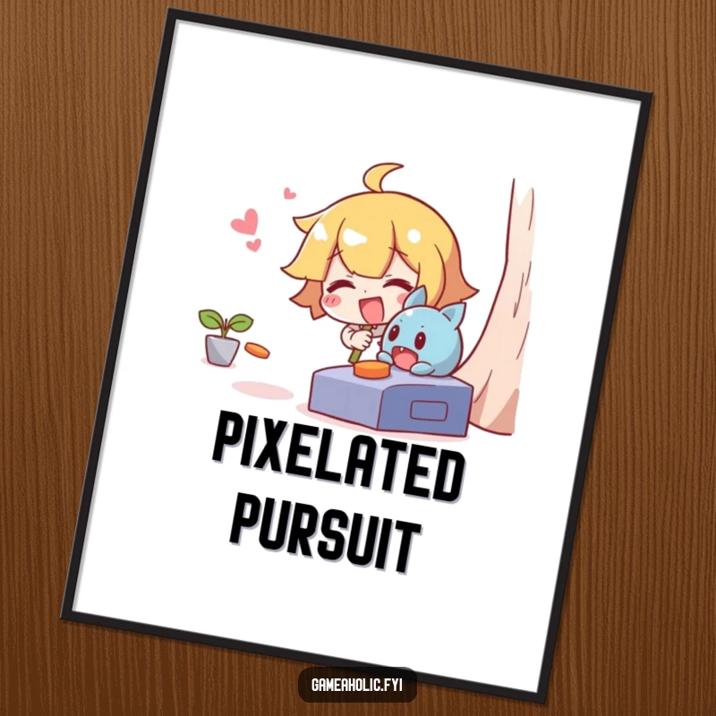 Funny digital art print of a giggling character humorously chasing a mischievous character escaping from a video game.