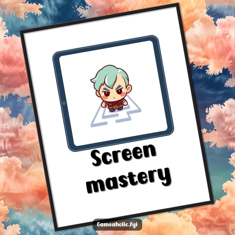 Funny digital art print of a determined character intently navigating a maze displayed on a glowing tablet screen.