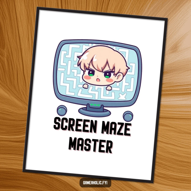 Funny digital art print of a determined character navigating a complex maze on a screen, perfect for motivational and humorous decor.