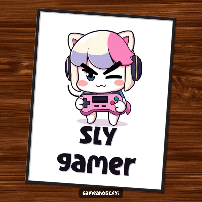 Funny Winking Gamer Digital Art Print: A humorous illustration of a mischievous character winking slyly while holding a game controller.