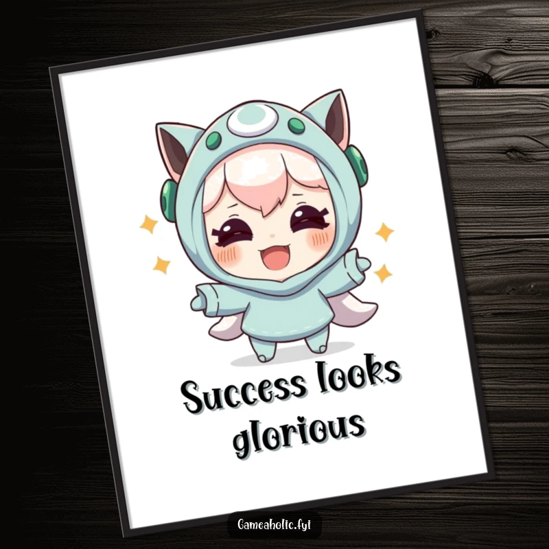 Funny digital art print of a character with joyful eyes exuberantly celebrating a successful in-game maneuver, perfect for motivational gamer decor.