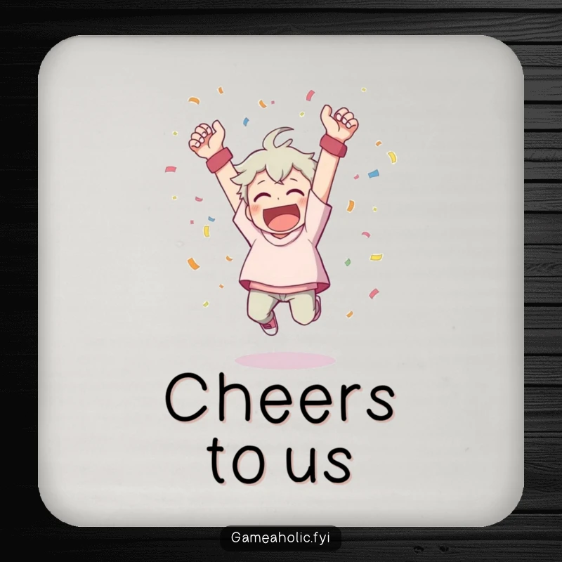 Funny drink coaster with a character cheering wildly, throwing confetti, and leaping from a victory pose.