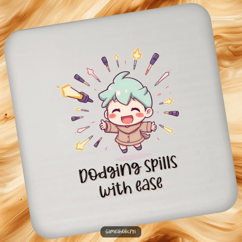 Funny drink coaster featuring a character playfully dodging digital projectiles with a wide grin, a humorous and practical home accessory.