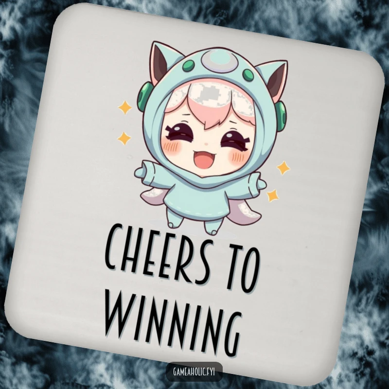 Funny drink coaster featuring a character with joyful eyes celebrating a successful in-game maneuver, a humorous and practical home accessory.
