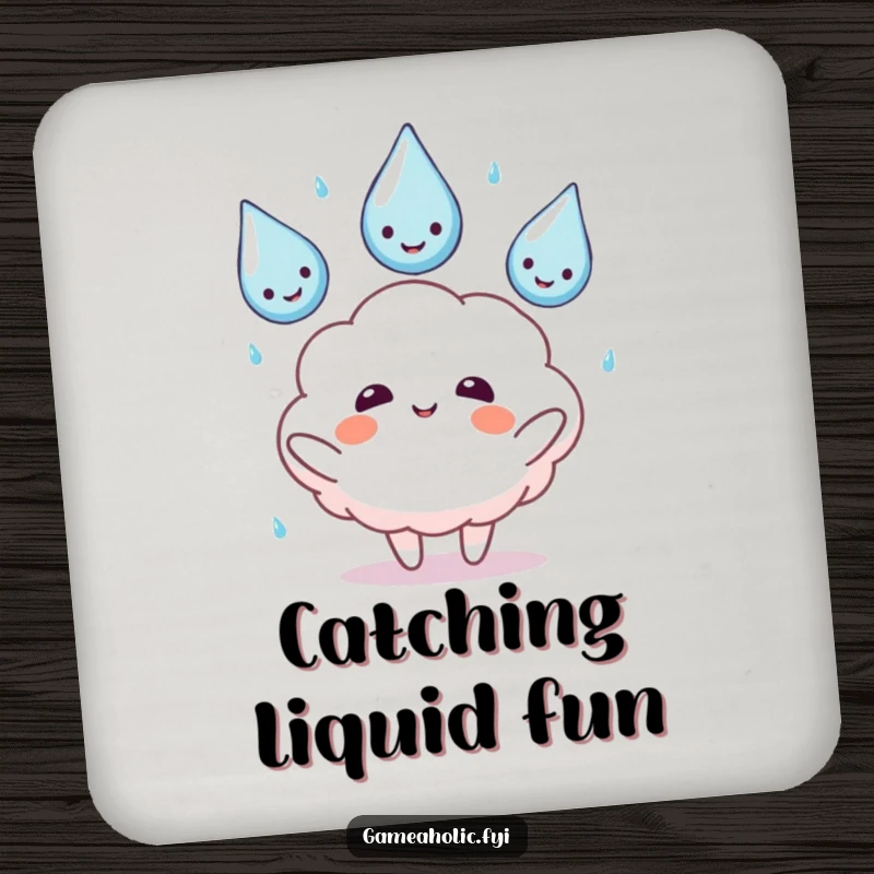 Funny coaster featuring a fluffy cloud character juggling smiling rain drops, perfect for adding whimsical charm to tabletops.