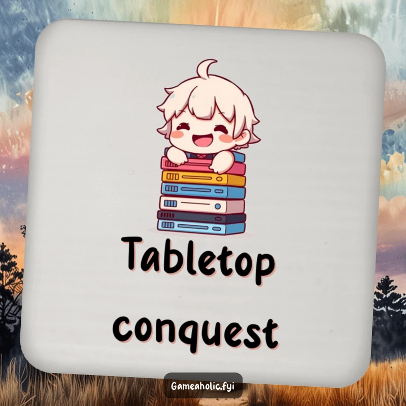 Funny drink coaster showing a character with a grin, balancing a stack of video game cases, adding collector humor to any table.