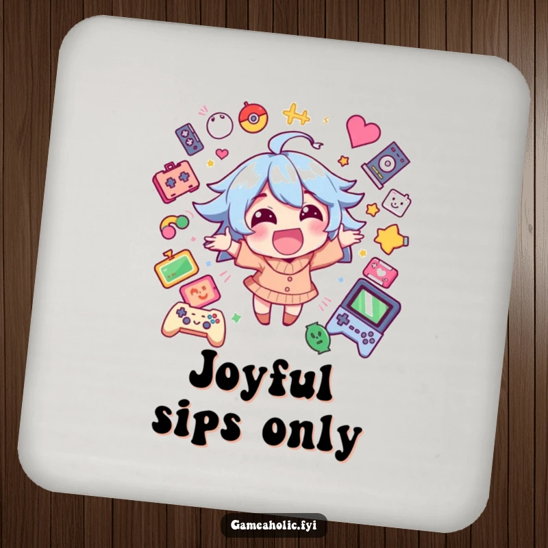 Funny drink coaster with a happy character beaming with excitement, surrounded by game icons, perfect for tables.