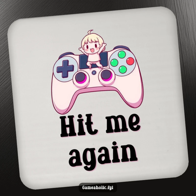 Funny Gamer Coaster: A coaster featuring a cute character jumping on a giant, glowing controller button, perfect for protecting surfaces.