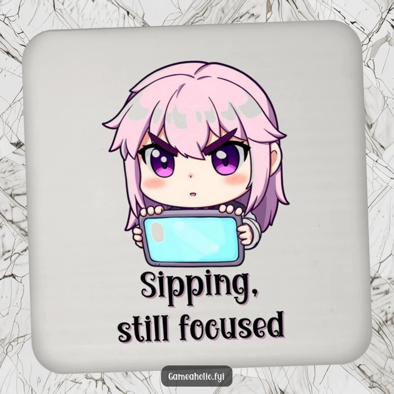 Funny drink coasters featuring characters with determined eyes focused on glowing screens.