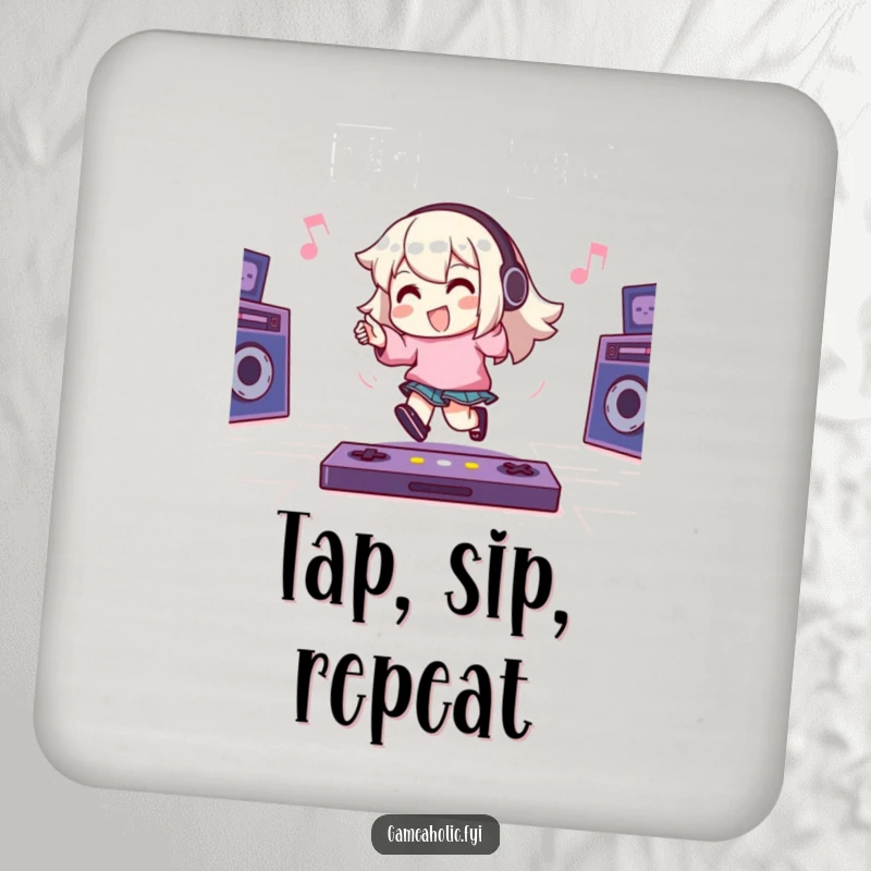 Funny Coaster: Character happily taps their foot to an energetic game beat, providing a humorous and protective surface for drinks.