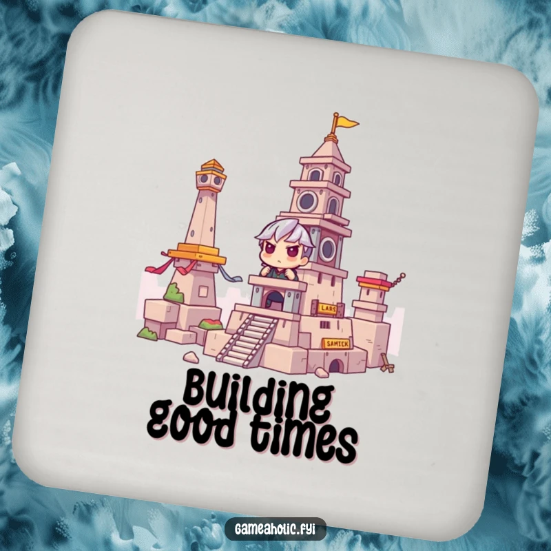 Funny Drink Coaster: Gamer intensely focused on building a tower in a game, protecting surfaces with gamer-themed humor, a funny gift.