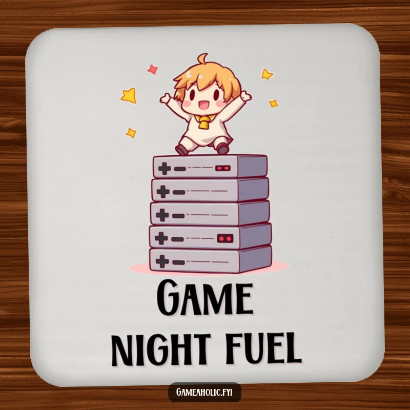 Funny gamer coaster with a character balancing on game cartridges, perfect for protecting surfaces with a gaming theme.