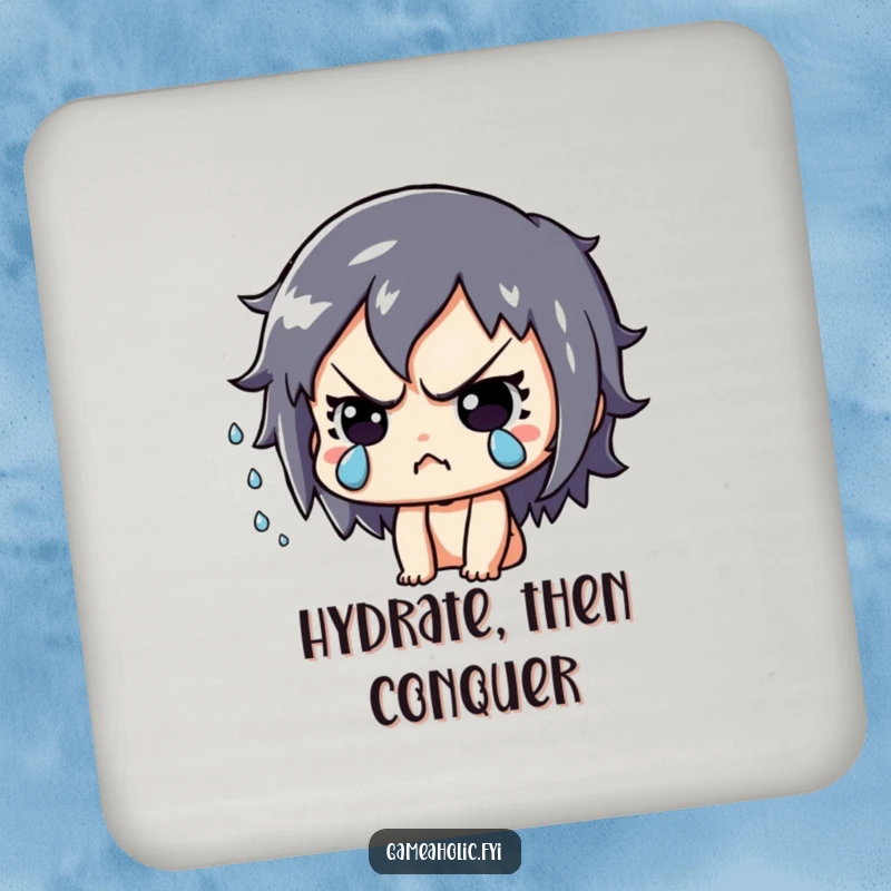 Funny Coaster: Playful character intensely focused, sweat flying, protecting surfaces with gamer concentration.