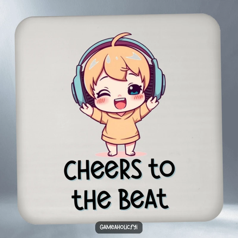 Funny drink coaster with a delighted character wearing large headphones, bobbing their head, offering surface protection with musical charm.