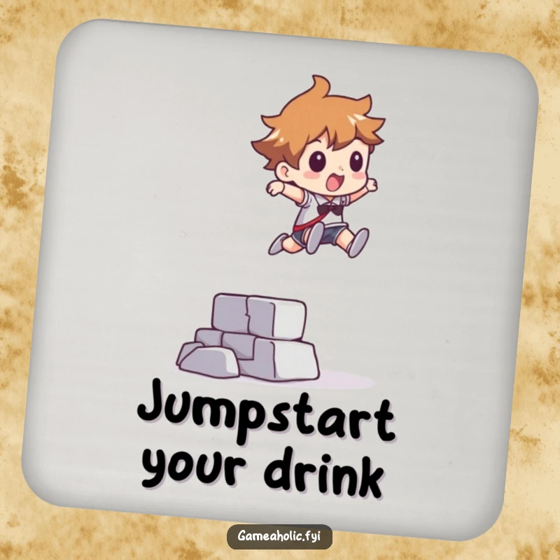 Funny drink coaster showing a character leaping over a pixelated obstacle, adding abstract charm and surface protection.
