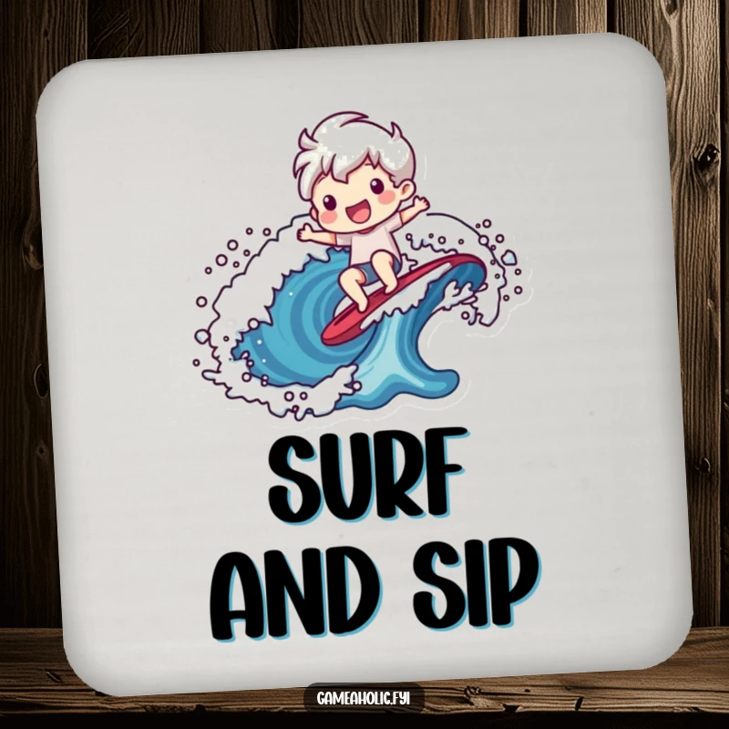 Funny drink coaster depicting a cheerful character riding a stylized pixelated wave, celebrating retro gaming.