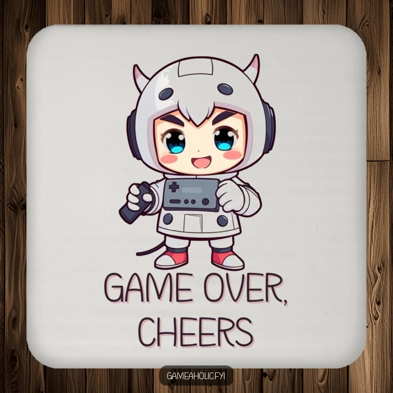Funny drink coaster with a proud character in a victorious pose, holding a game controller.