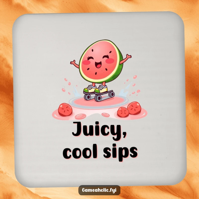 Funny coaster featuring a happy watermelon slice on roller skates, gliding on juice, perfect for adding summer flair.