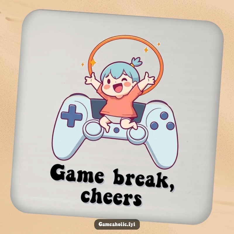 Funny Drink Coaster with a character leaping through a controller hoop, adding a humorous gamer touch to any drink setup.