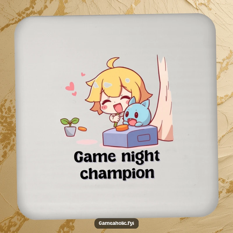 Funny drink coaster showing a giggling character trying to catch a mischievous character escaping from a video game.