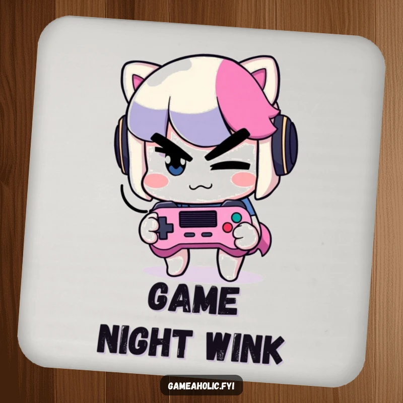 Funny Mischief Gamer Coaster: A protective coaster featuring a slyly winking character holding a game controller, perfect for drinks.