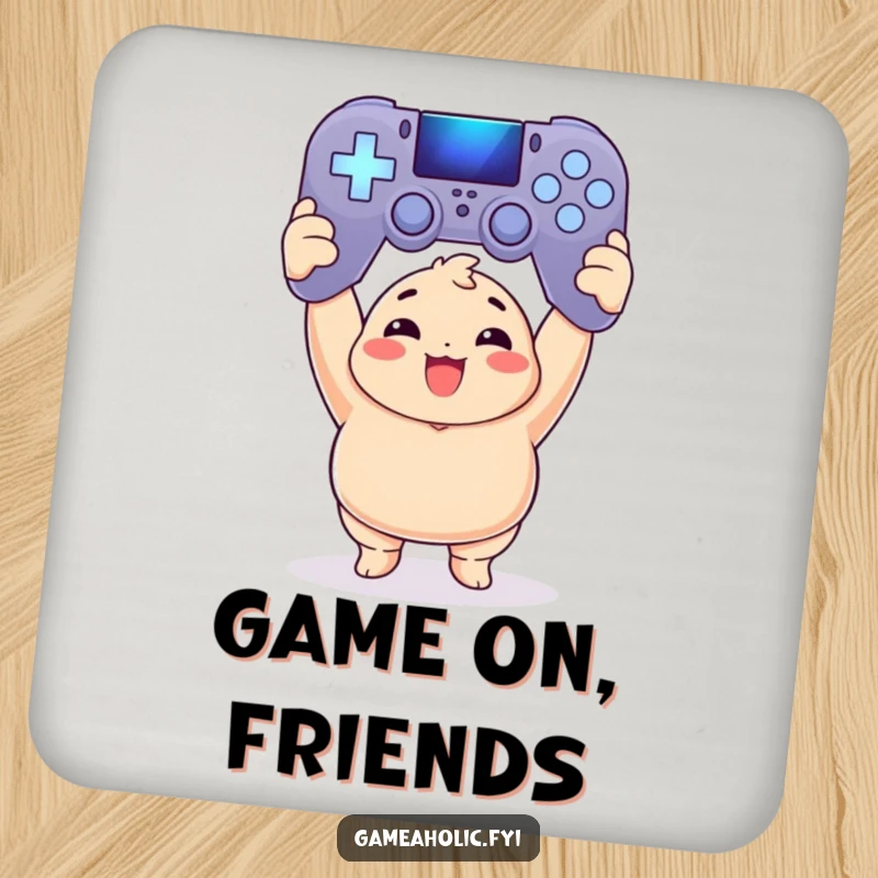 Funny Coaster: Chubby gamer triumphantly holds a glowing game controller, protecting surfaces with gaming flair.