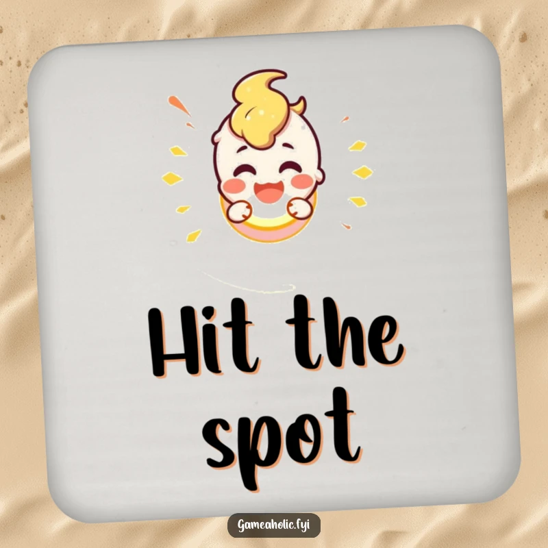 Cute character smashing a glowing button, adding a humorous and action-oriented touch to a drink coaster.